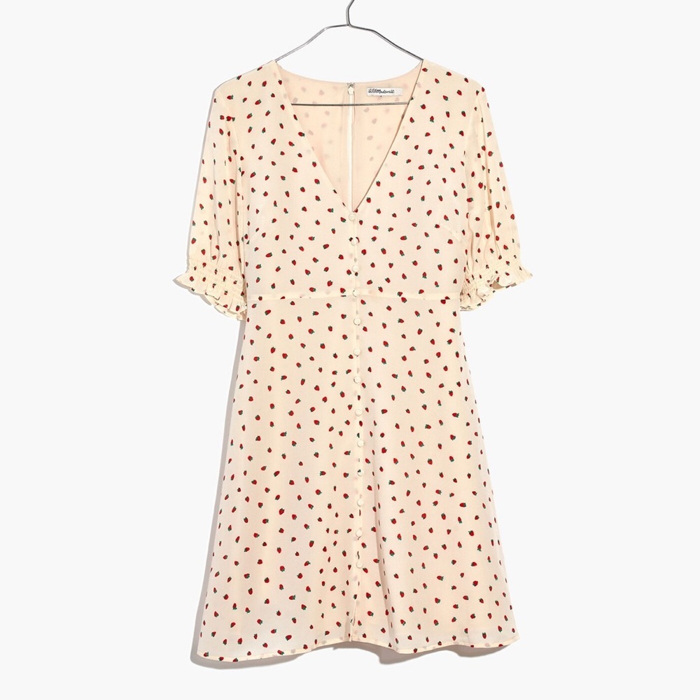 Madewell Silk Clover Button-Front Dress in Fresh Strawberries Fruit Print Sz 00